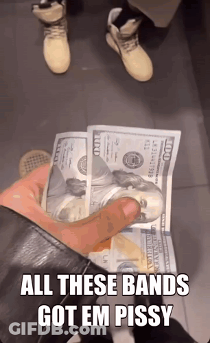 A Person Holding A Bunch Of 100 Dollar Bills With A Caption That Says All These Bands Got Em Pissy GIF