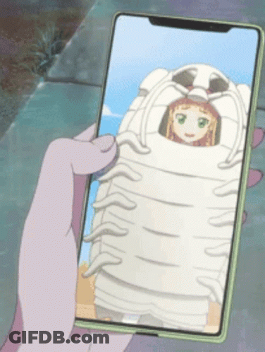 A Person Holding A Cell Phone With A Picture Of A Girl In A Lobster Costume GIF