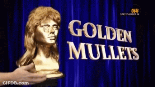 A Person Holding A Golden Mullet Statue In Front Of A Curtain That Says Golden Mullets GIF