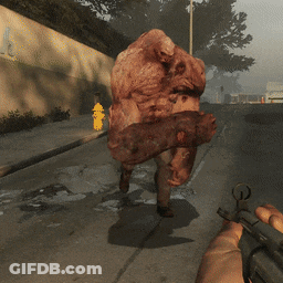 A Person Holding A Gun In Front Of A Monster On The Street GIF