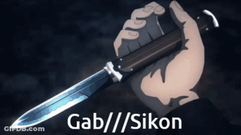 A Person Holding A Knife In Their Hand With Gab / / / Sikon Written On The Bottom GIF