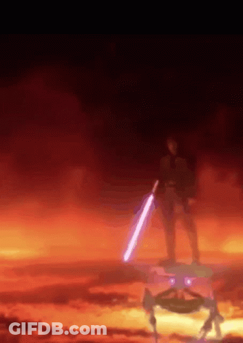 A Person Holding A Lightsaber In Front Of A Burning Sky GIF