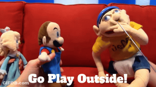A Person Holding A Mario Puppet With The Words Go Play Outside GIF