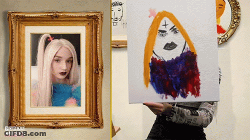 A Person Holding A Painting In Front Of Their Face With The Words " Poppy Meets " On The Bottom GIF