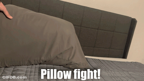 A Person Holding A Pillow On A Bed With The Words Pillow Fight GIF