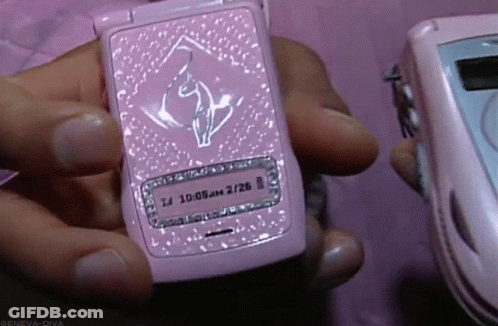 A Person Holding A Pink Flip Phone That Says 10:08 Am On It GIF