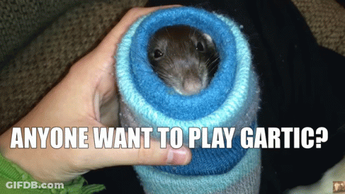 A Person Holding A Rat In A Blue Sweater With The Words " Anyone Want To Play Gartic " GIF