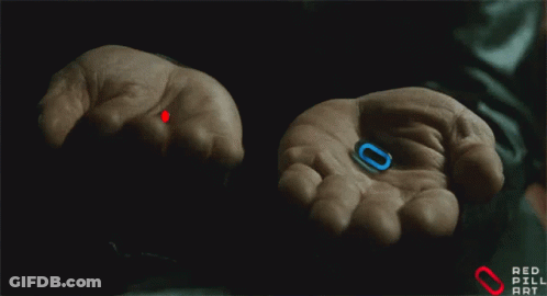 A Person Holding A Red And Blue Pill In Their Palms GIF