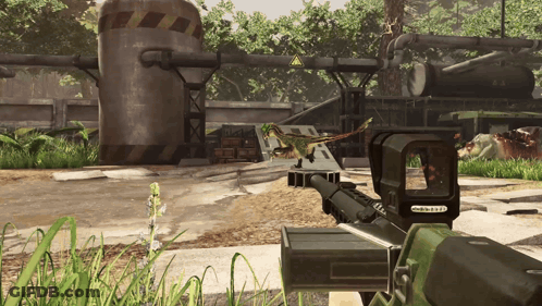 A Person Holding A Rifle With A Red Dot Sight That Says ' Eotech ' On It GIF