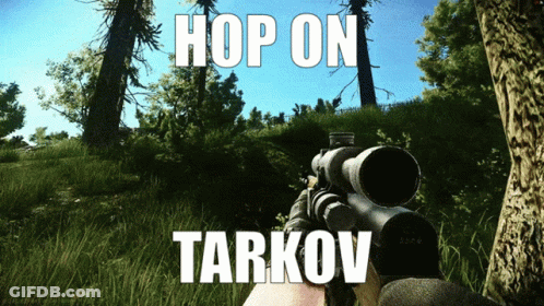 A Person Holding A Sniper Rifle With The Words Hop On Tarkov Written On It GIF