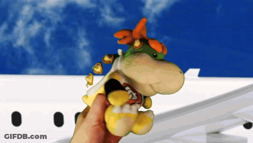 A Person Holding A Stuffed Animal In Front Of A Plane GIF