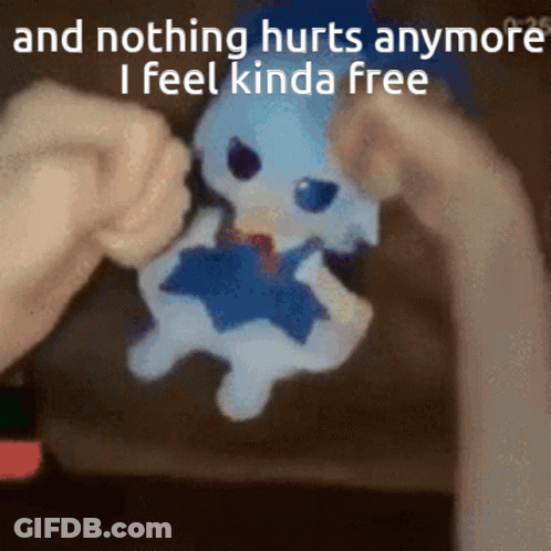 A Person Holding A Stuffed Animal With The Words " And Nothing Hurts Anymore I Feel Kinda Free " GIF