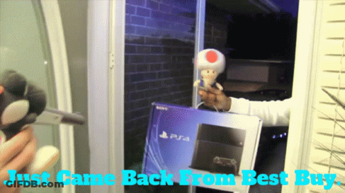 A Person Holding A Stuffed Toad Next To A Playstation 4 Box GIF