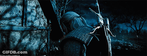 A Person Holding A Sword In A Dark Forest With A Watermark That Says Esteijunritamblr GIF