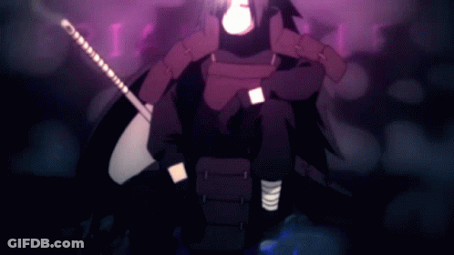 A Person Holding A Sword In Front Of A Purple Background With The Letter L GIF
