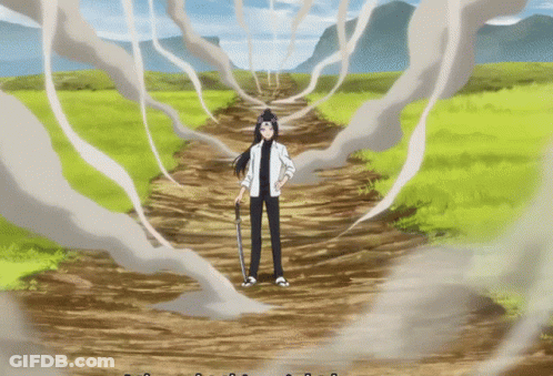 A Person Holding A Sword On A Dirt Road With Smoke Coming Out Of It GIF