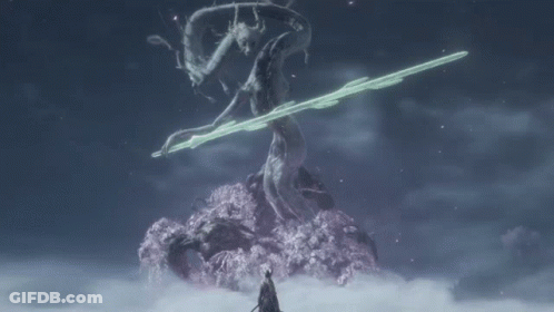 A Person Holding A Sword Standing In Front Of A Giant Statue GIF