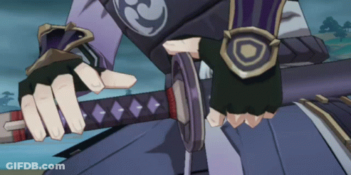 A Person Holding A Sword With A Purple And Gold Emblem On Their Sleeve GIF
