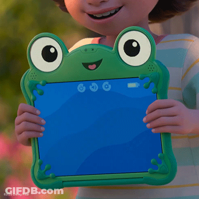 A Person Holding A Tablet That Has A Frog On It GIF