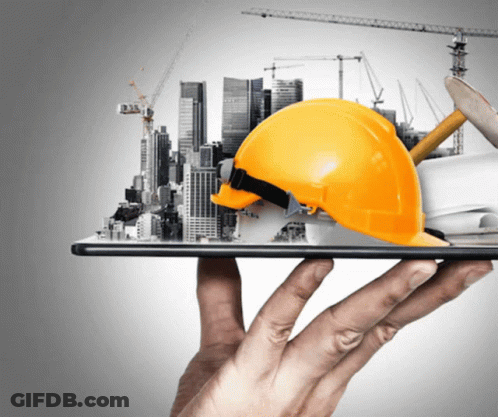 A Person Holding A Tablet With A Hard Hat And A City In The Background GIF