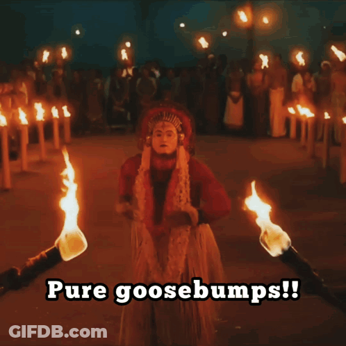 A Person Holding A Torch With The Words Pure Goosebumps Written Below Them GIF