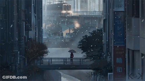 A Person Holding An Umbrella Stands On A Bridge In Front Of A Sign That Says Step GIF