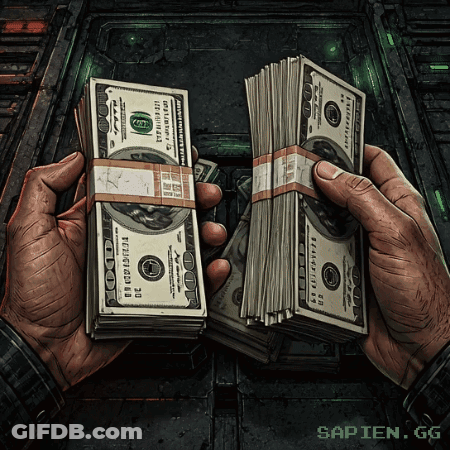 A Person Holding Two Stacks Of 100 Dollar Bills With The Caption Sapien.gg GIF