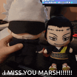 A Person Holding Two Stuffed Animals With The Words " I Miss You Marsh " Written On The Bottom GIF