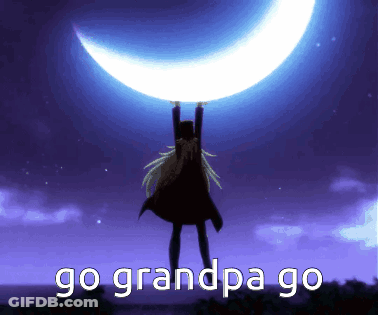 A Person Holding Up A Crescent Moon With The Words Go Grandpa Go Below GIF