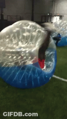 A Person In A Blue And Clear Bubble On A Grassy Field GIF