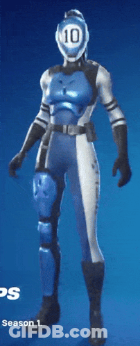 A Person In A Blue And White Outfit With A Number 10 On Their Face GIF