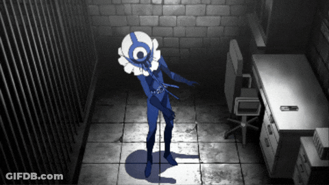 A Person In A Blue Costume With A White Circle On Their Head GIF