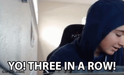 A Person In A Blue Hoodie Says " Yo Three In A Row " GIF