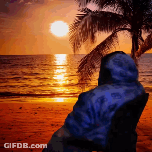 A Person In A Blue Hoodie Sits On A Beach Watching The Sun Set GIF