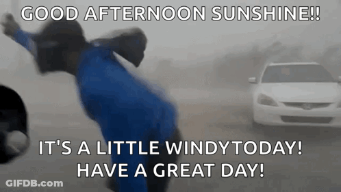 A Person In A Blue Shirt Is Standing In Front Of A White Car In A Foggy Day . GIF