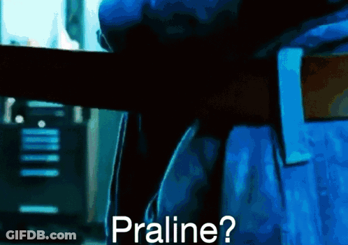 A Person In A Blue Suit Is Holding A Piece Of Wood And Asking " Praline " . GIF