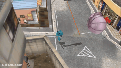 A Person In A Blue Suit Is Walking Down A Street In Front Of A Building That Says ' A ' On It GIF