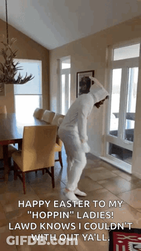 A Person In A Bunny Costume Is Dancing In A Living Room With The Caption Happy Easter To My Hoppin ' Ladies GIF