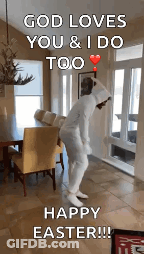 A Person In A Bunny Costume Is Dancing In A Living Room With The Words God Loves You & I Do Too Happy Easter GIF