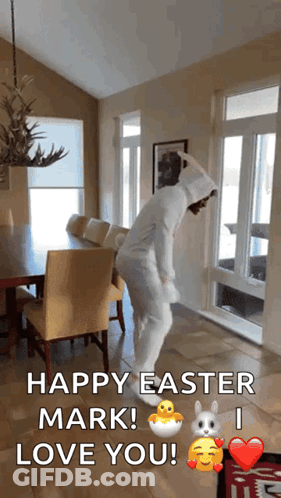 A Person In A Bunny Costume Is Dancing In A Living Room With The Words Happy Easter Mark I Love You GIF