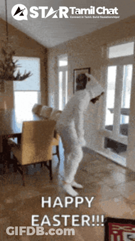 A Person In A Bunny Costume Says Happy Easter On A Star Tamil Chat Advertisement GIF