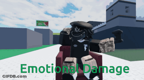 A Person In A Chair With The Words Emotional Damage Written Below Them GIF