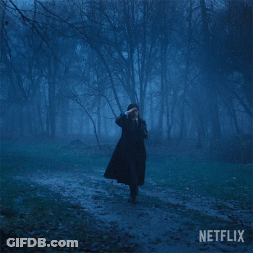 A Person In A Dark Forest With A Netflix Logo On The Bottom Right GIF