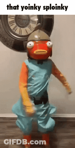 A Person In A Fish Costume Is Dancing In Front Of A Clock That Says That Yoinky Sploinky GIF