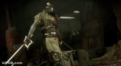 A Person In A Gas Mask Is Holding A Sword In Their Hand . GIF