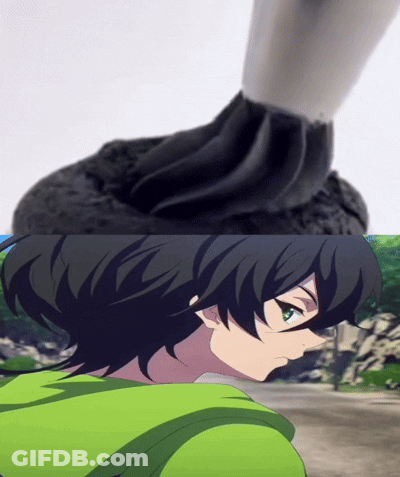 A Person In A Green Hoodie Is Standing Next To A Cupcake With Black Frosting GIF
