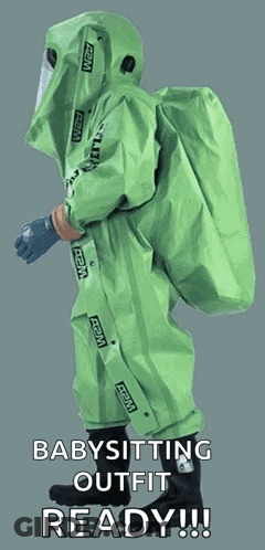 A Person In A Green Suit That Says Babysitting Outfit Ready On It GIF