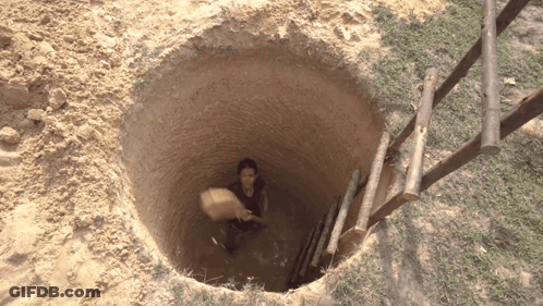 A Person In A Hole With A Wooden Ladder Leading To It GIF