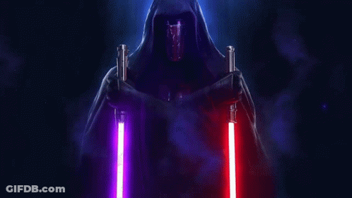 A Person In A Hood Holding Two Lightsabers GIF