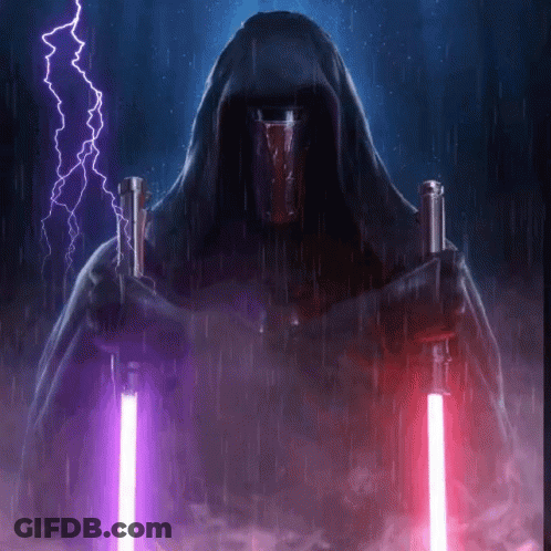 A Person In A Hooded Cloak Holding Two Lightsabers GIF